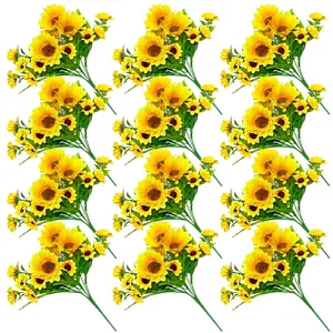 12 Pack Artificial Sunflower Bouquet Stems, Vibrant Faux Flowers, Fake Flowers, Wedding Home Kitchen Table Birthday Decor, Includes 4 Large & 9 Small Sunflowers