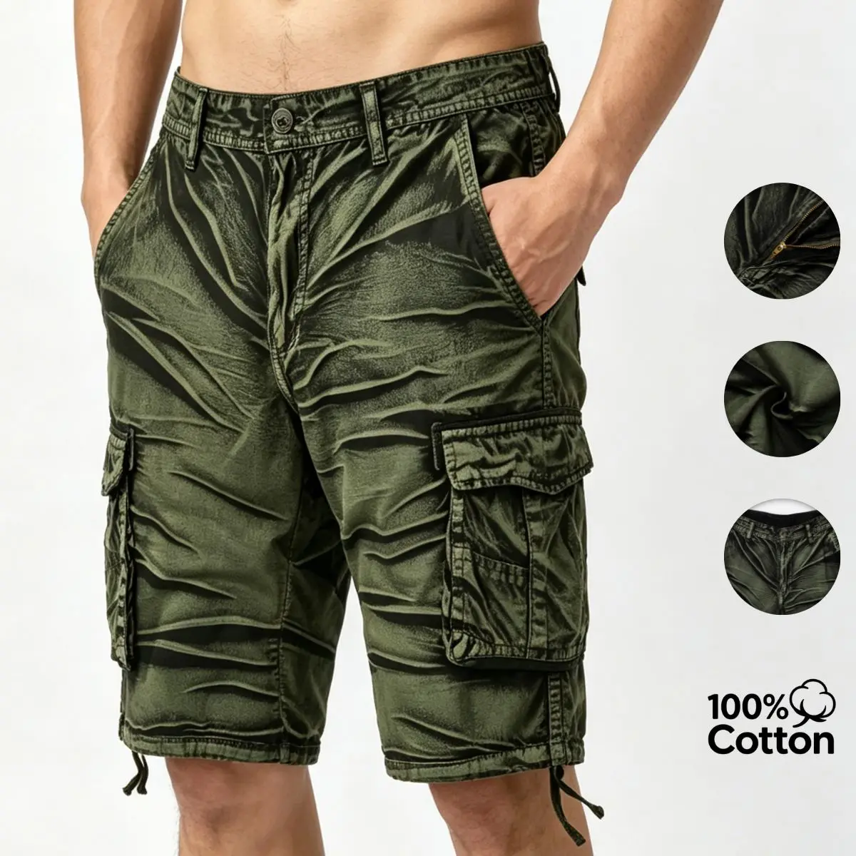 Boys' American Street-Style Washed 100% Cotton Multi-Pocket Casual Mid-Length Cargo Shorts, Matching T-Shirt Compatible