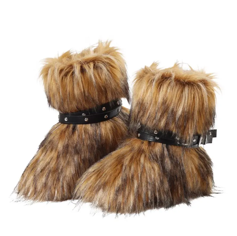 Women's Faux Fur Boots Cross Removeable Belt Fuzzy Belt Mid-Calf Fluffy Furry Snow Ankle boots Fur Boots Y2k Style Furry Shoes with Pelt Ladies Warm Round Toe Fluffy Fuzzy Shoe Comfy Outdoor Winter Shoes shaggy AOSPHIRAYLIAN