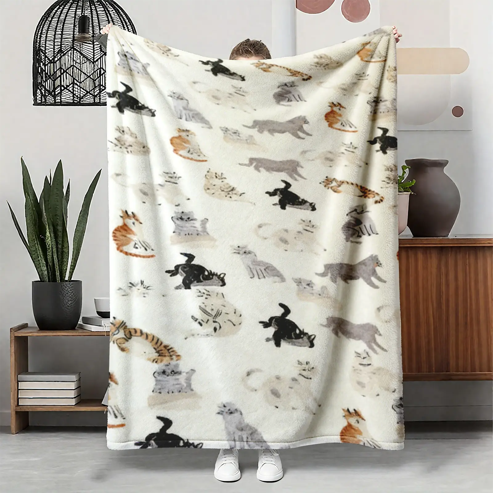Kitten Watercolor Flannel Blanket, Cute Cartoon Cat Illustration Soft Warm Throw, Cozy Cat Decor for Couch Bedroom, Cozy Nap Blanket for Home Travel Dorm, Suitable for Sofa Bed, Gift for Cat Owners Friends Daughters, All-Season Comfort