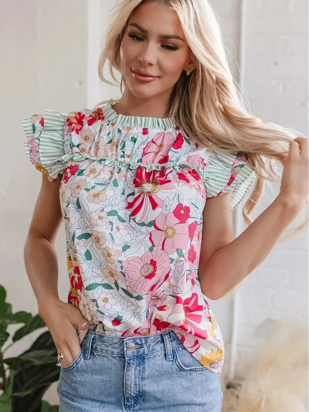 PHEFEE Women's Lightweight Pastel Bohemian Blouse - Preppy Floral-Stripe Geometric Patchwork Tunic Top with Layered Ruffle Cap Short Sleeves, Drape Casual Loose-Fit Apparel for Pairing with Slacks, Wings-Inspired Accent Garments, Shortsleeve, Chic