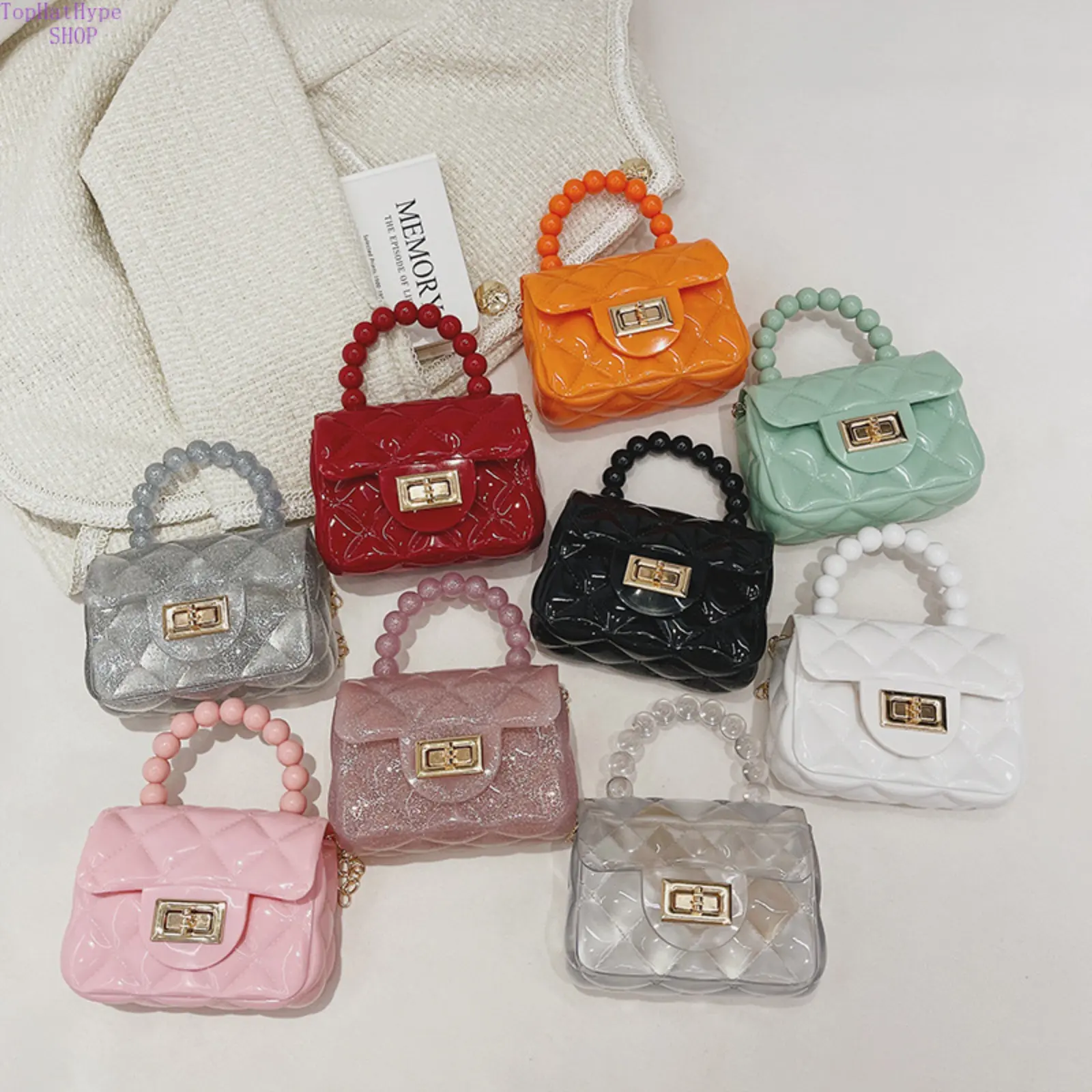 Women's 2026 Trendy Transparent Jelly Flap Embellished Shoulder Bag - Cute Mini Quilted Satchel with Beaded Handle, for Party, Casual Use, Chic Fashion Accessory
