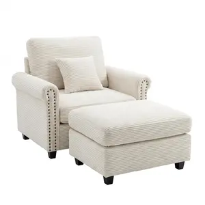 42-inch Nailhead Trim Sofa with Ottoman, Modern Corduroy Small Couch with Rolled Arms, Single Sofa Chaise Lounge for Living Room, Bedroom, Farmhouse Decor