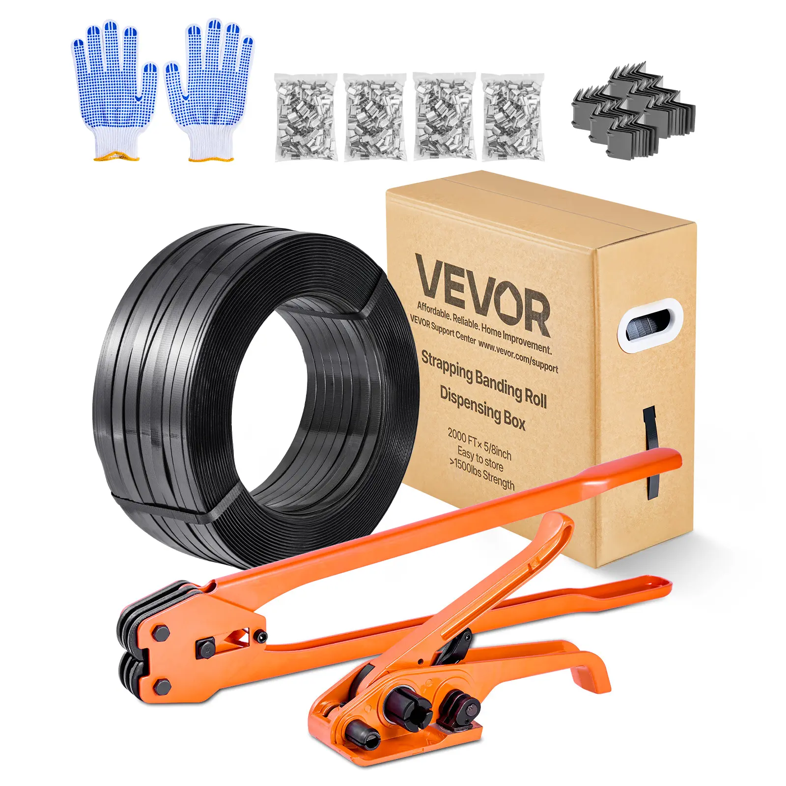 【Summerfinds】VEVOR Heavy Duty Banding Strapping Kit - 15.9mm/5/8in Carburizing Heat Treatment Sealer Tool, 2000ft PET Band, 600 Metal Seals, 200x Corner Protectors, Extended Handle, Manual Lever, 1 Pair of Gloves for Warehouse Use, Polyester Fits, Lever A