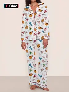 【Christmas Pajamas】Women's Christmas Pajama Set, Cozy Chic Long Sleeve Top & Elastic Waist Pants, Fitted Winter Sleepwear, Perfect Holiday Gift, Loungewear