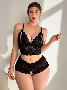 Floral Lace Cut Out Bralette Lingerie Set, Bow Design, Sexy Style, Fitted, Unlined, 3/4 Coverage, Ideal for Special Occasions, Underwear