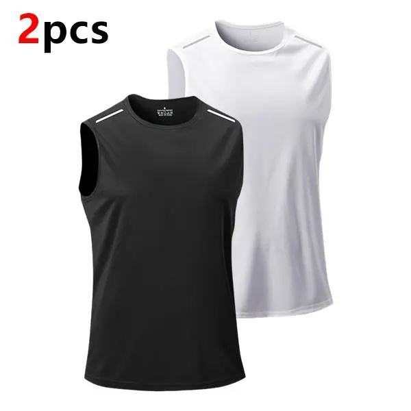 Men's 2-Piece Fitted Polyester Quick-Dry Breathable Sleeveless Sports Vest Set Pack, Gym/Outdoor Training Active Wear Tank Tops