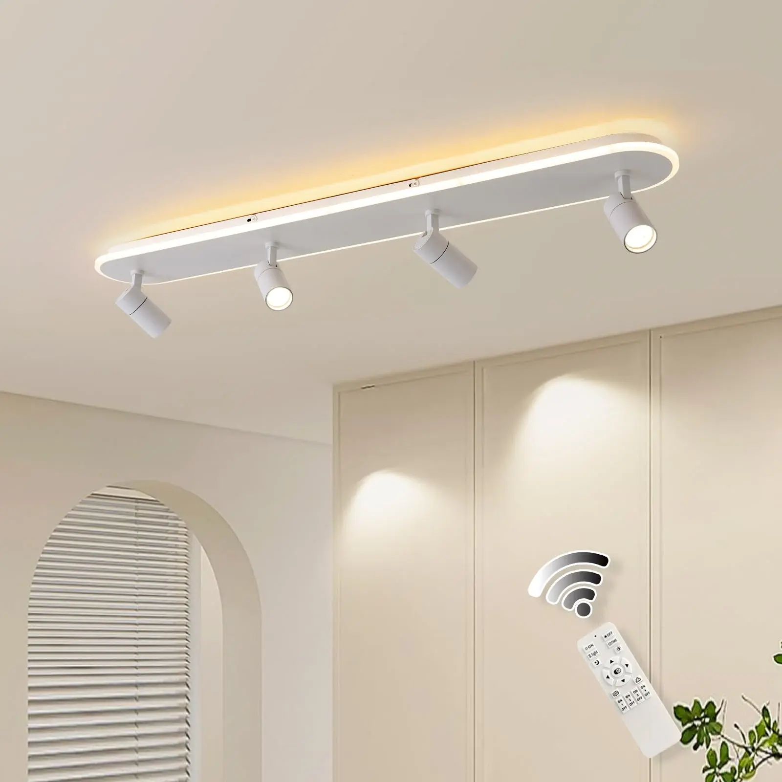 Garwarm Modern LED Ceiling Light with 4 Spotlights, Dimmable 58W Linear Ceiling Lamp Fixture with Remote, 43.3in Upgraded Flush Mount Ceiling Chandelier Lighting for Bedroom Closet Hallway (White)