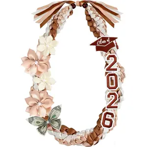 50'' 2026 Graduation Lei Double Braided Strands Graduation Ribbon Leis with 4 Satin Flowers Congrats Graduates Money Leis Class of 2026 Gift for Men Women