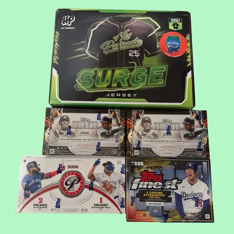 Break #463- (2) boxes half-case 2026 Tribute Baseball Hobby Boxes, (1) 2026 Pristine Baseball Hobby Box, (1) 2026 Finest Baseball Hobby Box, (1) 2026 Series 1 Surge OCB Exclusive Hit Parade Autographed Jersey Hobby Box