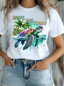 Beach T-Shirt Beach T-Shirt Women's Casual Short Sleeve T-Shirt- "Not Today" Turtle Tropical Watercolor Pattern Breathable Round Neck Top Spring Summer Autumn Ocean Theme Clothing Bright Color Pattern Comfortable Style