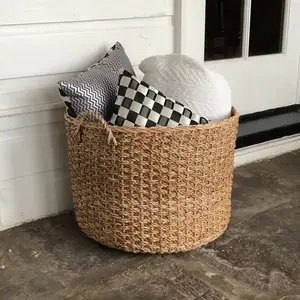 Round Wicker Storage Rattan Basket For Blankets, Toys, Towels, Laundry with Handles