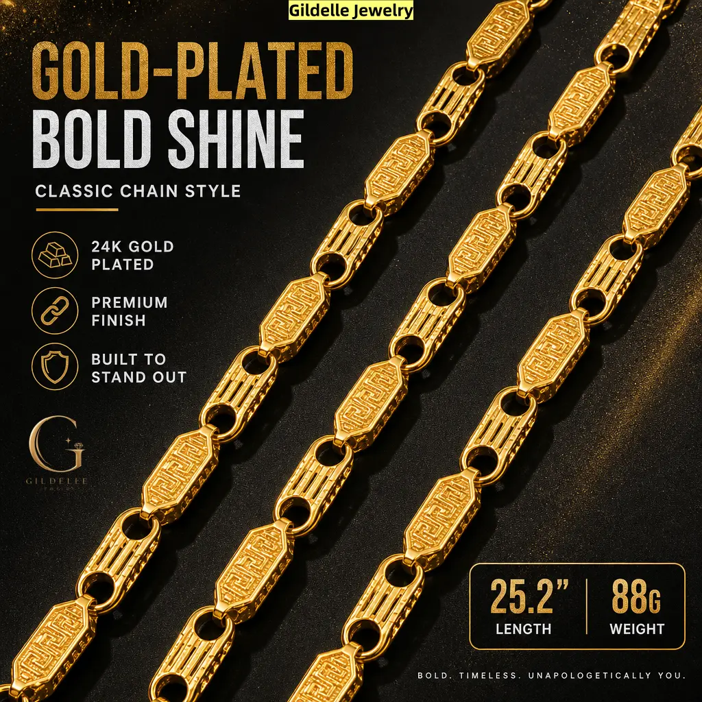 Gildelle 24K Real Gold-Plated Copper Greek Key Bar Link Chain Necklace, 25.2-Inch 6mm Textured Statement Jewelry, 88g