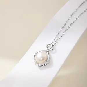 EAMTI Freshwater Pearl Necklace for Women Trendy, 925 Sterling Silver 9MM Real Pearl Necklace Pendant, Dainty Women's Jewelry Gifts for Mom Wife Girlfriend Anniversary Birthday Wedding Bridal