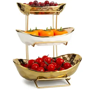 3-Tier Ceramic Fruit Bowl for Kitchen Counter, Modern Tiered Fruit Basket with Gold Metal Stand - Stackable & Easy to Store, for Fruits, Vegetables, Snacks, Desserts