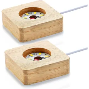 Pack 2 Wooden LED Light Display Base Crystal Glass Light Base Stand Wood LED Display Stand for 3D Crystal Laser Glass Resin Art Warm Light Square USB Only