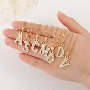 Initial Necklaces for Women, Dainty Gold Letter A-Z Pendant Long Necklace Crown Name Necklace Gold Jewelry Necklace for Women Gift Full Diamond Design