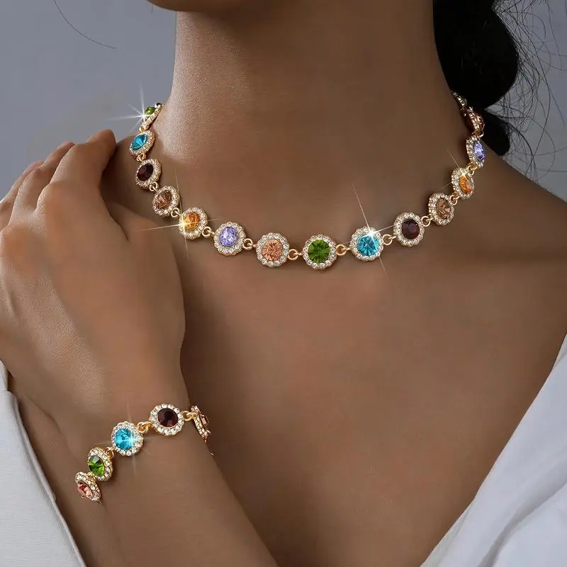 Stylish & Unique Colorful Zircon Bracelet & Necklace Set Premium Women's Jewelry Ideal Holiday Gift Coordinated Look