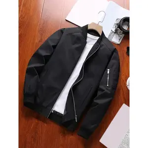 Men's Lightweight Bomber Jacket - High-Quality Polyester, Zip-Up, Stand Collar, Long Sleeve - Perfect for Spring & Fall, Baseball, Flight, Leisure Menswear Coats Casual Tops Black Fabric Zipper Beige Plain