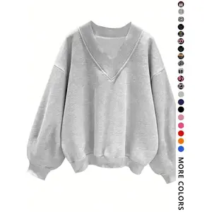 Women's V Neck Pullover Thin Sweatshirt, Light Simple Minimalist Youth Comfortable Vacation Campus Fashion Trendy Fresh Look