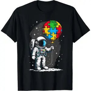 Boys' 100% Cotton Graphic T-Shirt, Casual Short-Sleeve Crew Neck with Astronaut Balloon Character Print for Autism Awareness, Character Print Shirt