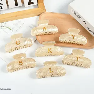 Personalized Initial Letter Claw Clip – 1PC Cream Marble Acetate Hair Claw for Thick & Thin Hair | Custom Gold Metal Monogram Hair Clips for Women Girls Gift