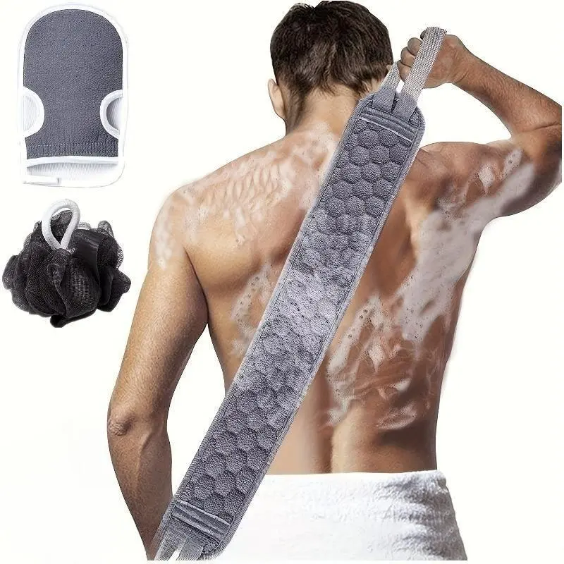 3Pcs Exfoliating Bath Set - Back Scrubber Strap, Exfoliating Glove & Loofah Sponge, Deep Cleansing Body Scrub for Men & Women, Ideal for Shower & Skin Care, Body Care Tool, Accessories,summervibes