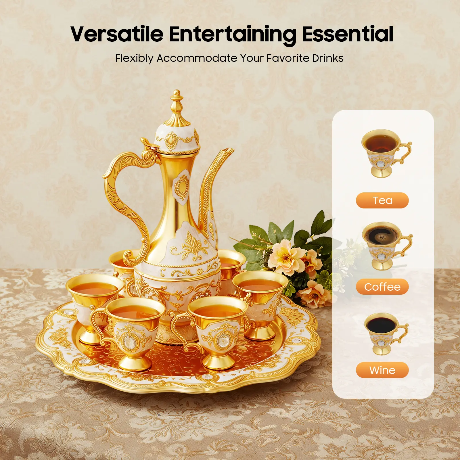 Antique Turkish Plating Tea Set - Golden/White/Silver Zinc Alloy Embossed Carving, 1 Teapot (8.45Oz), 6 Teacups, 1 Serving Tray, Ideal for Kitchen, Office, Hotel Home Tea Ceremony Gifting
