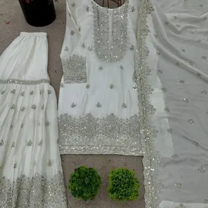 White Gharara Suit with Embellished Sequins and Matching Skirt for Festive Wear