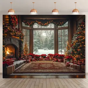 Festive Christmas Backdrop with Cozy Fireplace Scene Perfect Holiday Gift for Winter Holidays New Year's Eve Family Gatherings Home Décor Photo Background - Decor