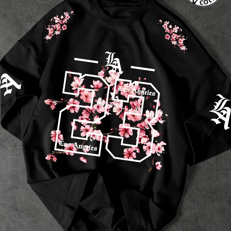 Unisex 100% Cotton Oversized T-Shirt, Los Angeles 23 Gothic Cherry Blossom Print, Y2K Streetwear Top