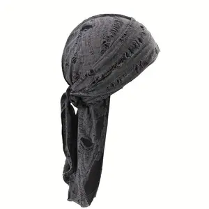 Men's Vintage Distressed Black Knit Polyester Rapper Wrap Turban with Adjustable Ties - Stylish Comfort for Casual & Formal Wear, Versatile Styling