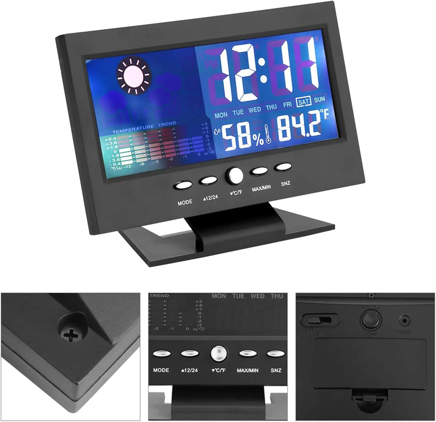 Modern Digital Auto-Set Alarm Clock with LED Screen, Large Digits, Desk/Bedside Size, Temperature Humidity Monitor, Snooze, Calendar, Weather Display - Unisex Household Decor, Nightstand Gift Idea