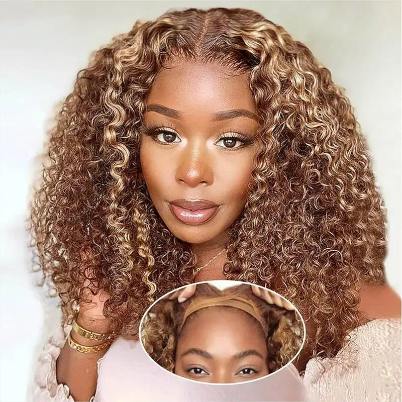 ISEE HAIR Highlight Brown Glueless Wigs Wear Go Kinky Curly Wig Pre-Bleached Invisible Knots 6x4 Pre Cut Lace Human Hair Lace Front Wig for Women Preplucked Hairline #TikTokShopSpringGlowUp