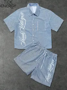 Men's Y2K Retro College Style Set, Striped Short Sleeve Shirt + Drawstring Shorts, Streetwear Casual, Trendy Fashion Ensemble