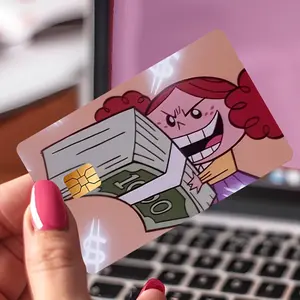 Red-haired Girl Holding Money, Bank Card, Credit Card, Debit Card, Transit Card, Room Key Card, and Skin Stickers