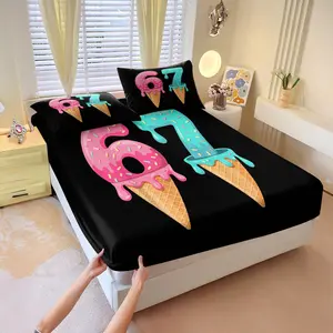 67 Number Print Fitted Sheet Set (3 pieces)，1 fitted sheet & 2 pillowcases，Donut/ice cream number pattern，Skin-friendly & breathable，A sweet & fun bedroom essential，A must-have for sweet-themed lovers