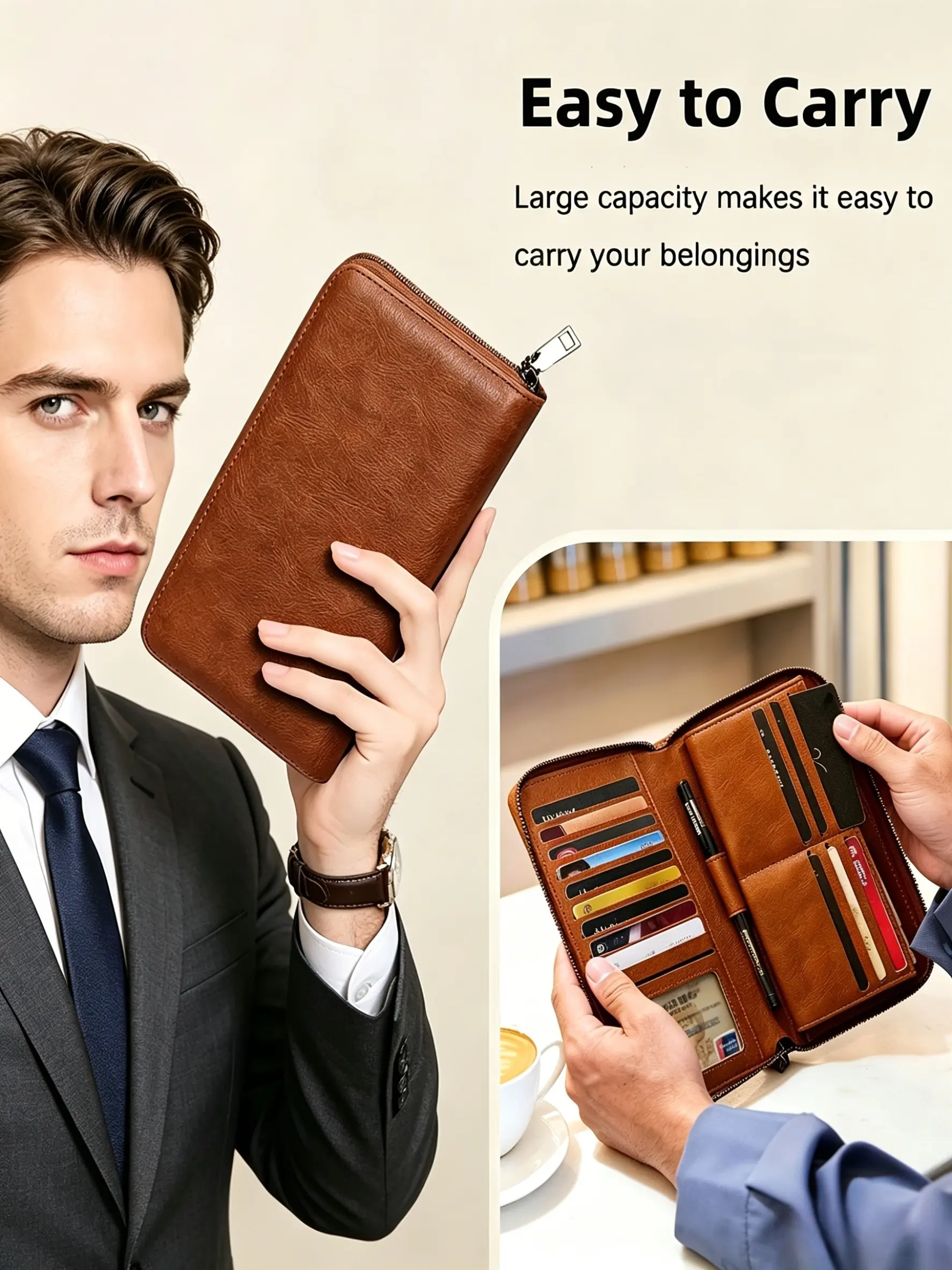 RFID Long Waller for Men with Large Capacity Men's Clutch With 15 Card Slots & ID Window, Detachable Wristlet Anti-Theft PU Leather Handbag for Travel Business Gift for Him