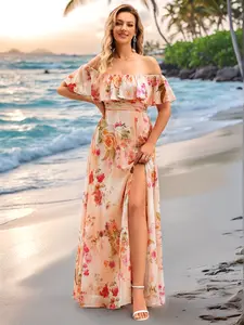 Ever-Pretty Valentine dress Spring Strapless Floral Maxi Dress with High Slit – Backless & Flowy Summer Outfit for Beach, Vacation or Wedding Guest Looks 00969 Shortsleeve Womenswear floral  dress bonita  prom  dress