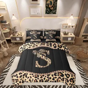 Feelyou 7-Piece Bed Comforter Set - Letter Initial & African Cheetah Bow Design, Leopard Print Animal-Themed Bedding with Breathable Microfiber Cloth, Multi-Size Modern Coquette Bed-in-a-Bag Quilt, Bedding Sets