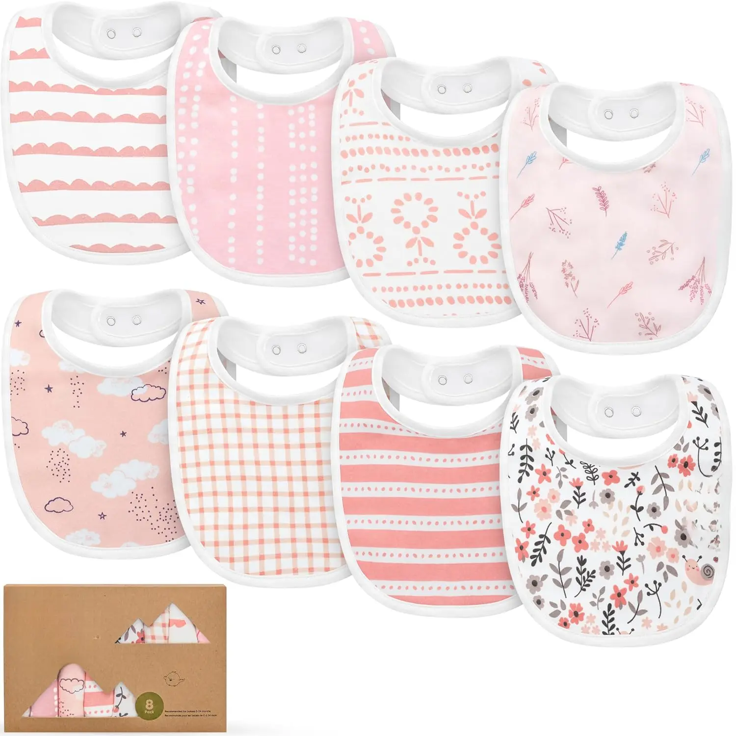 8 Pack Organic Baby Bibs Unisex for Boys Girls Soft Cotton Drool Teething Bibs Super Absorbent Easy Clean & Wear 0-24 Months Newborn Infants Sweet Charm