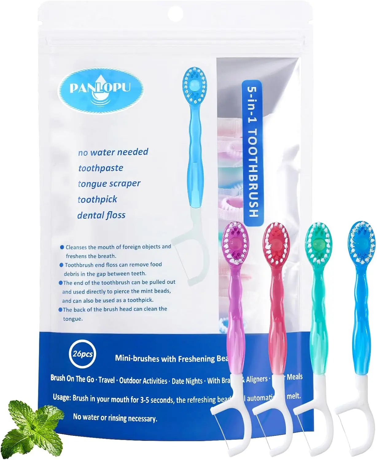 Disposable Toothbrush 4inch 5-in-1 Mini Toothbrush Integrated Toothbrush with Toothpaste Bead+Dental Floss+Toothpick+Tongue Scraper Travel Size Soft Fresh Breath 26 pcs (Mix)
