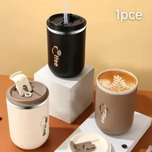 Insulated Coffee Tumbler with Lid & Straw, 1 Pcs Food Grade 304 Stainless Steel BPA Free Reusable Leak Proof Double Wall Vacuum Coffee Mug, Coffee Thermos, Hot & Cold Retention Drinkware for Home Office Car Travel Camping Picnic Daily Use