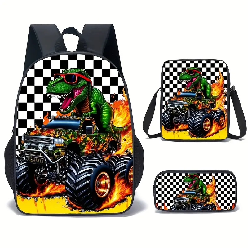 3PCS Kids Dinosaur Backpack Set, 17 Inch School Bookbag with Lunch Bag & Pencil Case, T-Rex Monster Truck Graphic Backpack for Boys mochilasescolares elementary student cute