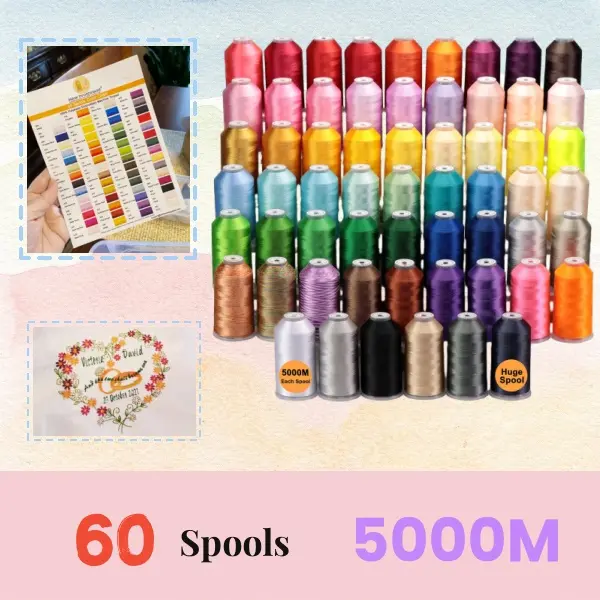 New Brothread 5000M 100% Polyester Embroidery Machine Thread Set - Assorted Color Spools with Color Chart, for Domestic/Commercial Embroidery Machines, DIY Needlework Crafts