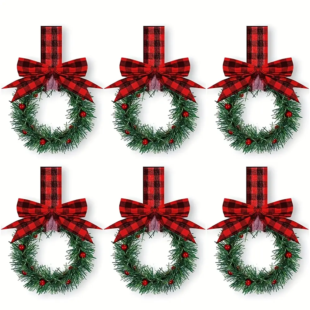 [Christmas] 6pcs/set Christmas-Themed Small Christmas Wreaths With Bows, Christmas Cabinet Wreaths With Red Berries, And Multi-Purpose Mini Wreaths For Cabinets Atmosphere Decoration