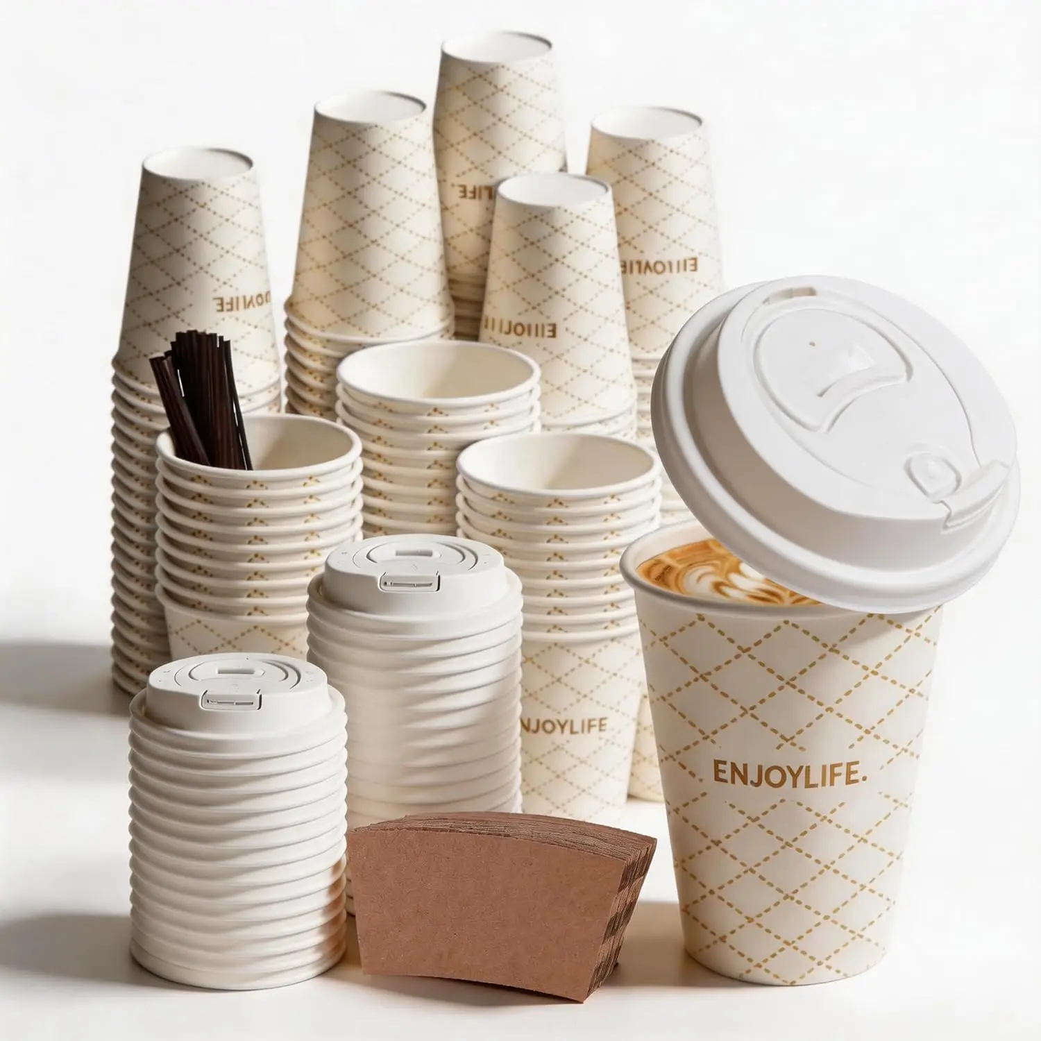 To Go Coffee Cups with Lids, 12 oz Disposable Paper Coffee Cups, 100 Pack Leak-Proof Resealable Cups, Includes Sleeves & Stirrers, Ideal for Office, Commuting & Coffee Bar