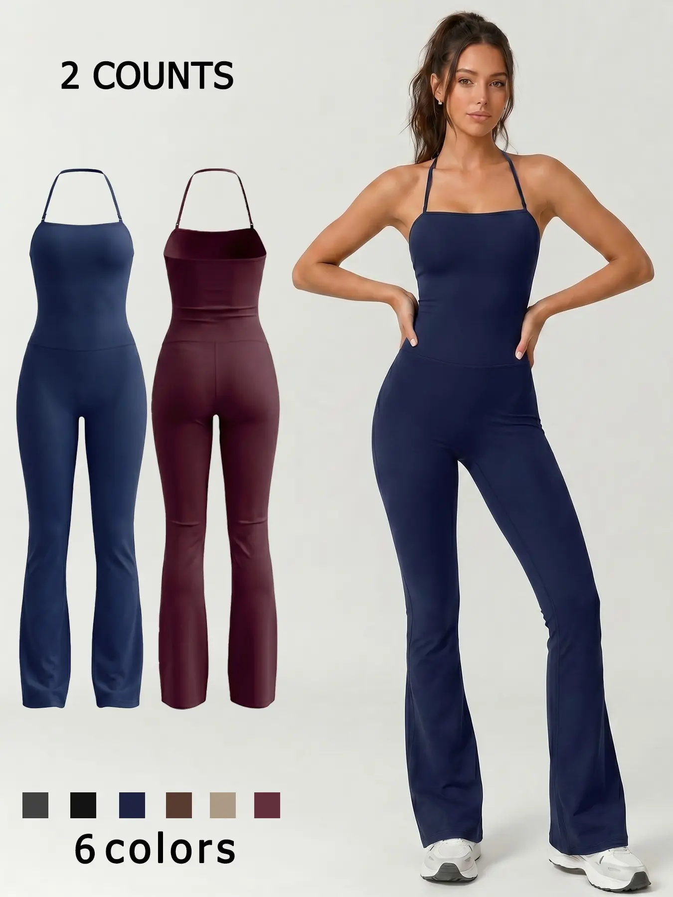 Women's 2 Piece Set Sports Solid Color Jumpsuit, Sporty Yoga Jumpsuit, Workout Jumpsuits, Sleeveless Halter Neck Cami Yoga Outfit Nylon Spandex Fabric Daily Wear Outdoor Training And Gym Workout Wide Leg Pants All Season Activewear