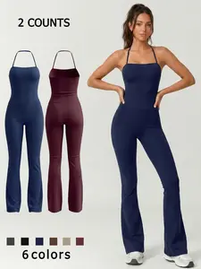 Women's 2 Piece Set Sports Solid Color Jumpsuit Sleeveless Halter Neck Cami Yoga Outfit Soft Comfortable Nylon Spandex Fabric Suitable For Daily Wear Outdoor Training And Gym Workout Fashionable Versatile Wide Leg Pants All Season One Piece Activewear
