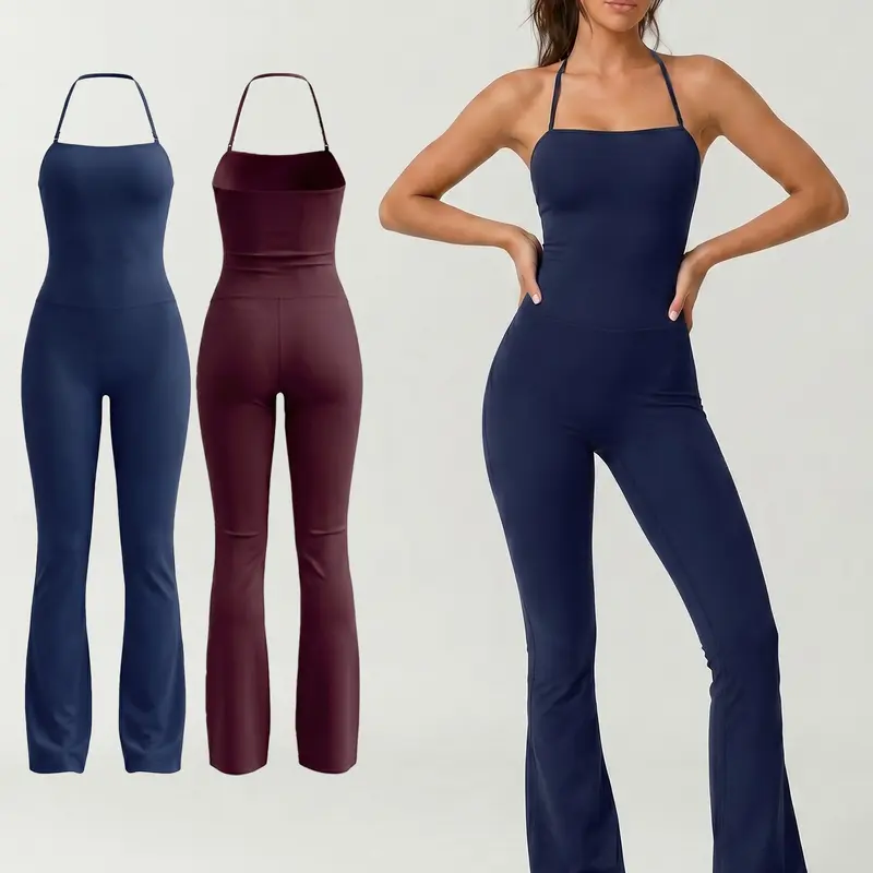 Women's 2 Piece Set Sports Solid Color Jumpsuit, Sporty Yoga Jumpsuit, Sleeveless Halter Neck Cami Yoga Outfit, Yoga Sportswear, Nylon Spandex Fabric, Daily Wear, Outdoor Training and Gym Workout Clothes, Wide Leg Pants, All-Season Activewear